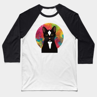 The cute and alert black and white tuxedo cat is waiting and watching you , colorful  background Baseball T-Shirt